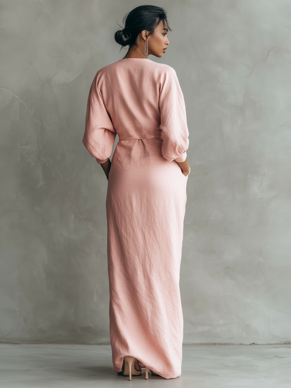 Women's Linen Blend V-Neck Minimalist Maxi Dress – product view | Hensley London