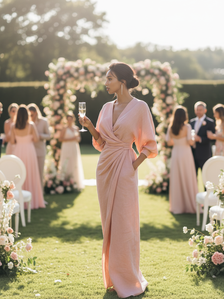 Women's Linen Blend V-Neck Minimalist Maxi Dress – product view | Hensley London