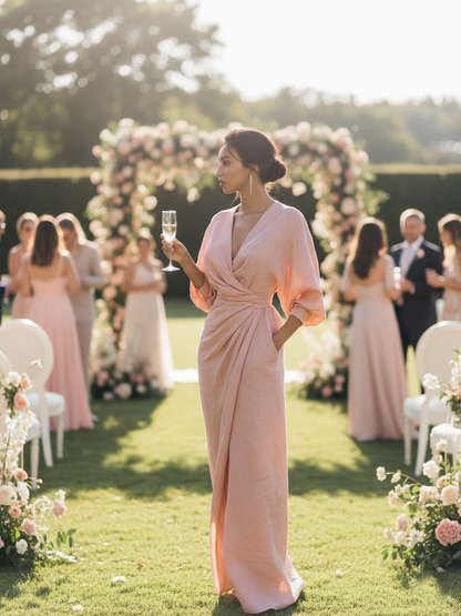 Women's Linen Blend V-Neck Minimalist Maxi Dress – product view | Hensley London