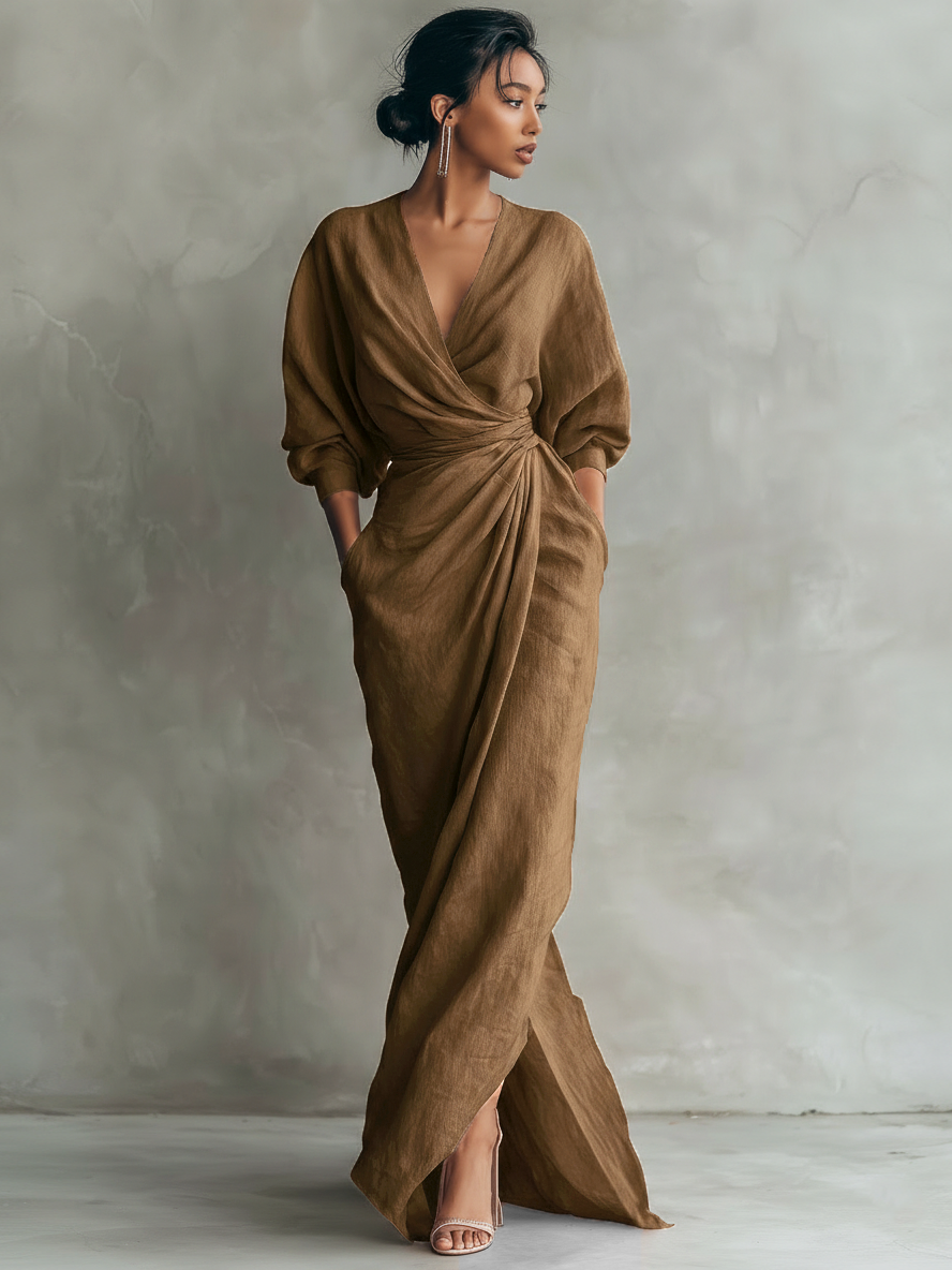 Women's Linen Blend V-Neck Minimalist Maxi Dress – product view | Hensley London