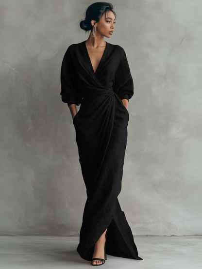 Women's Linen Blend V-Neck Minimalist Maxi Dress – product view | Hensley London