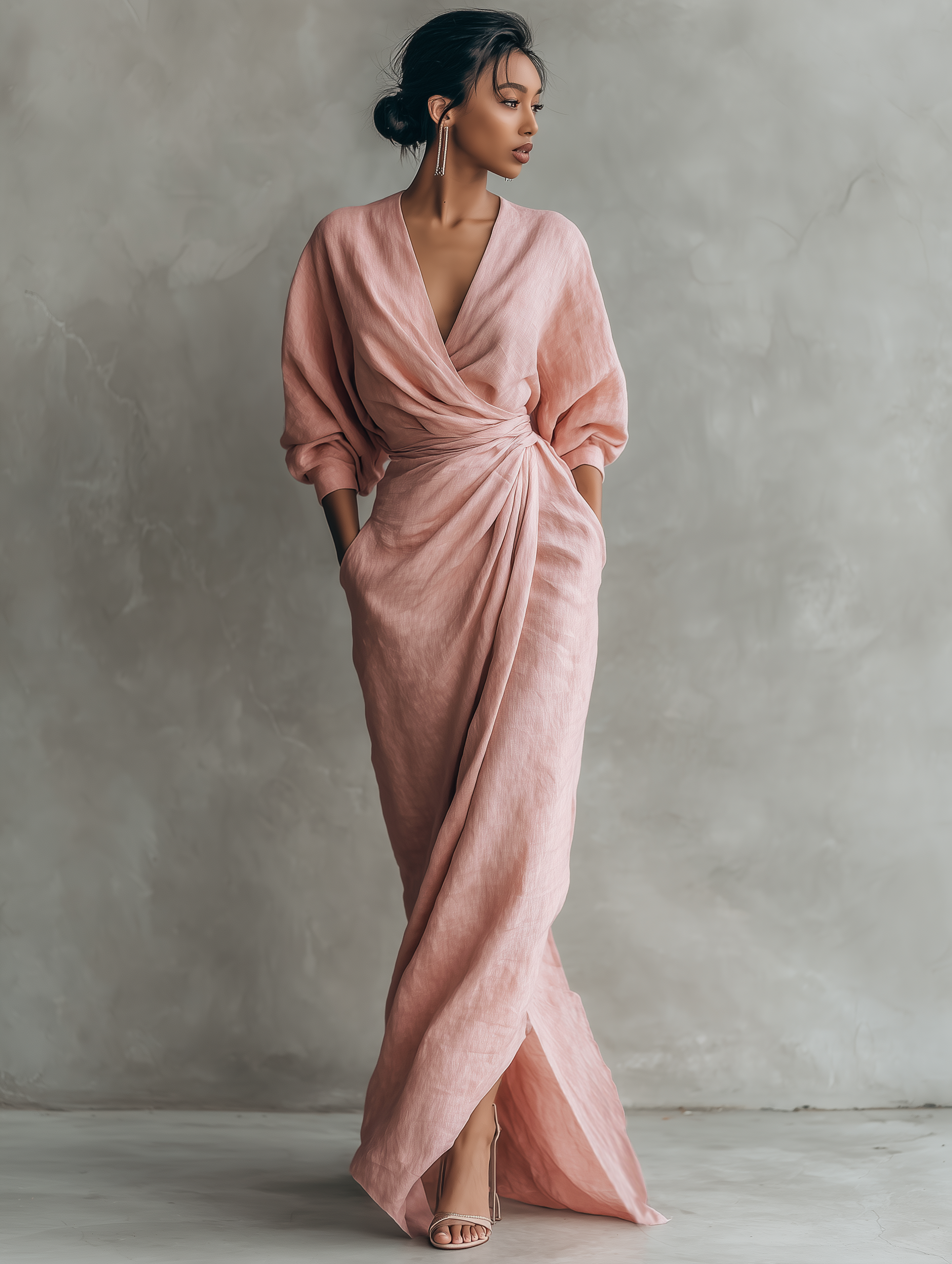 Women's Linen Blend V-Neck Minimalist Maxi Dress – product view | Hensley London