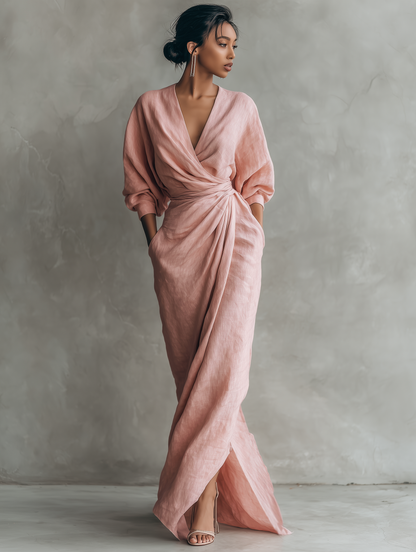 Women's Linen Blend V-Neck Minimalist Maxi Dress – product view | Hensley London