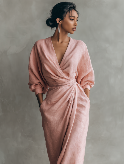 Women's Linen Blend V-Neck Minimalist Maxi Dress – product view | Hensley London