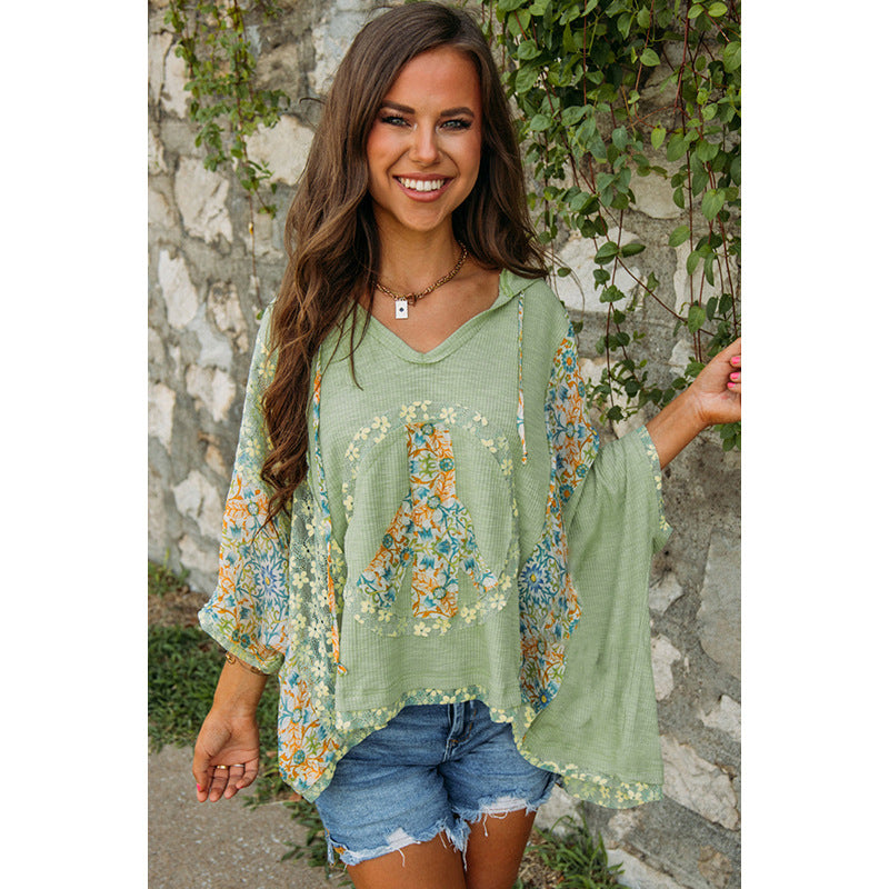 Women's Hooded Top White Cotton Floral Design - 3