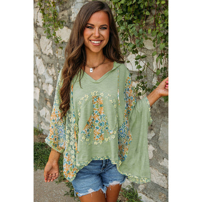 Women's Hooded Top White Cotton Floral Design - 3