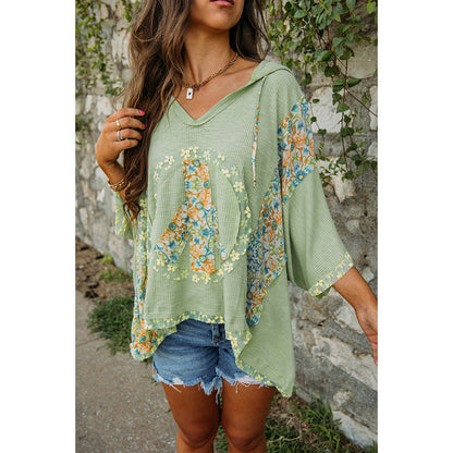 Women's Hooded Top White Cotton Floral Design - 4