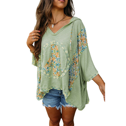 Women's Hooded Top White Cotton Floral Design - 6