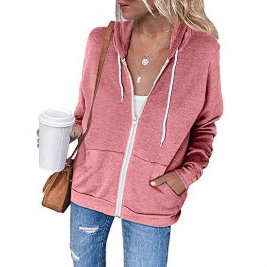 Women's Hoodie Black Cotton Blend with Full-Length Zipper - 4