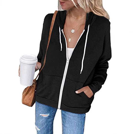 Women's Hoodie Black Cotton Blend with Full-Length Zipper - 5