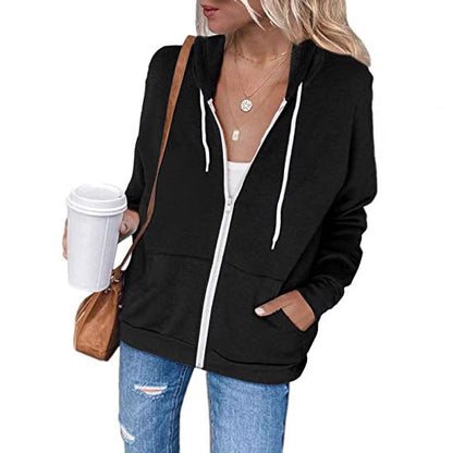 Women's Hoodie Black Cotton Blend with Full-Length Zipper - 5