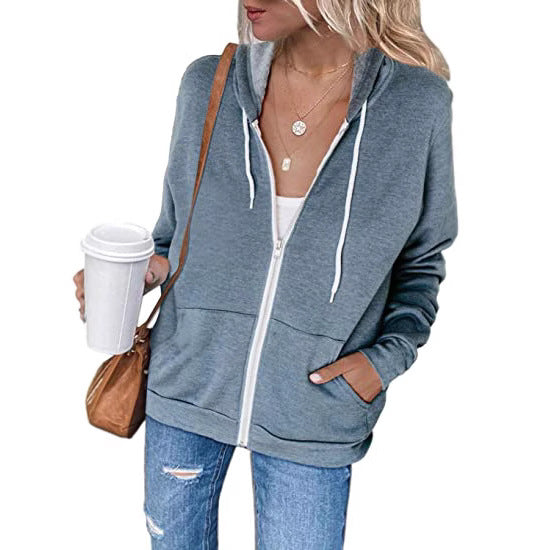 Women's Hoodie Black Cotton Blend with Full-Length Zipper - 6