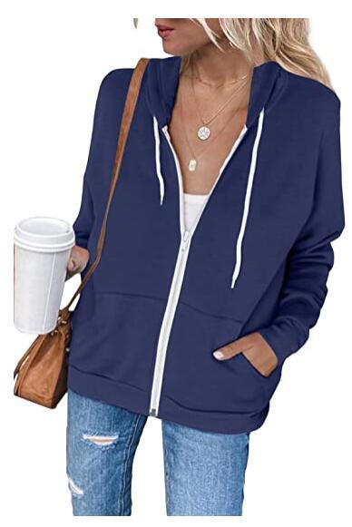 Women's Hoodie Black Cotton Blend with Full-Length Zipper - 8