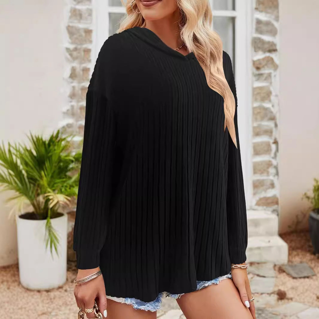 Women's Casual Hoodie Gray Ribbed Cotton - 5