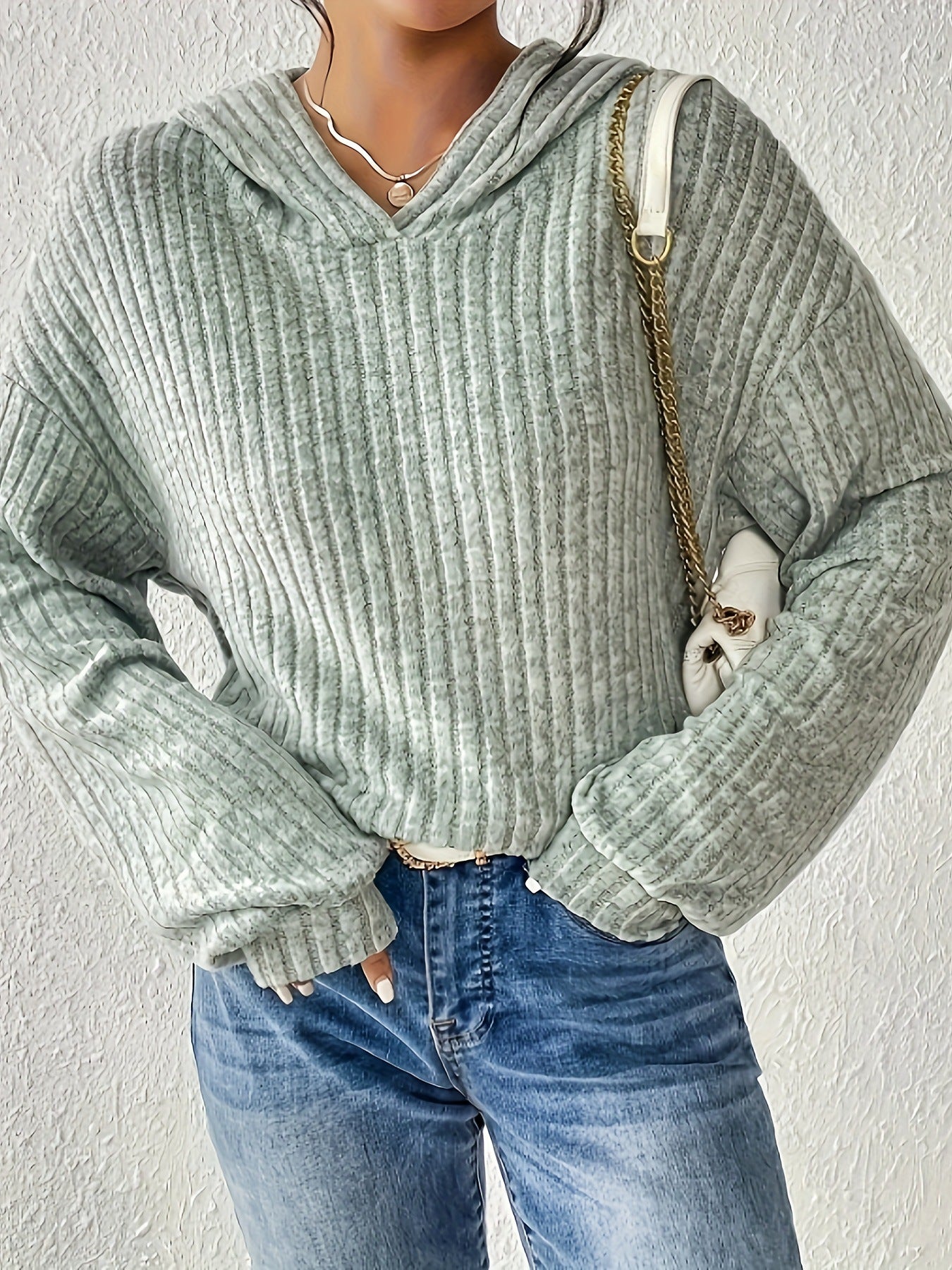 Women's Casual Hoodie Gray Ribbed Cotton - 7