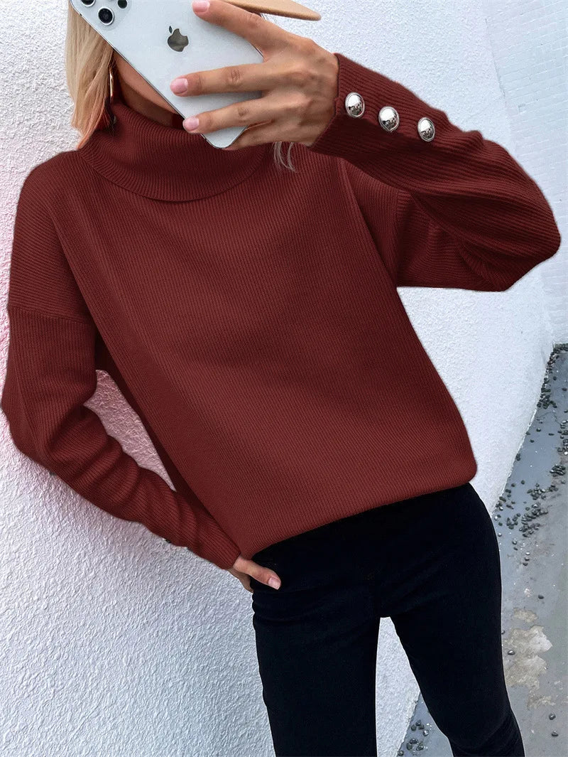 Womens Cozy High Neck Knitted Sweater - Relaxed Fit Casual Fall Knitwear 7