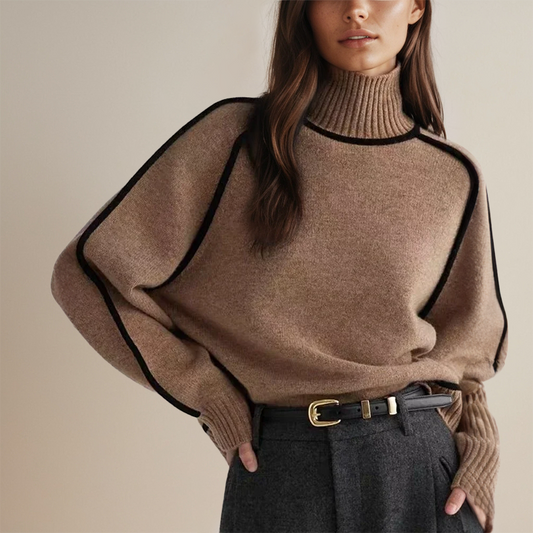 Women's Brown Polyester Roll Collar Sweater – Casual Relaxed Fit for All Seasons 1