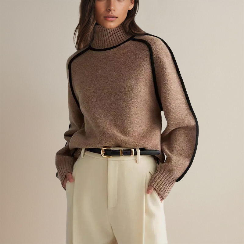 Women's Brown Polyester Roll Collar Sweater – Casual Relaxed Fit for All Seasons 4
