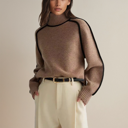 Women's Brown Polyester Roll Collar Sweater – Casual Relaxed Fit for All Seasons 4