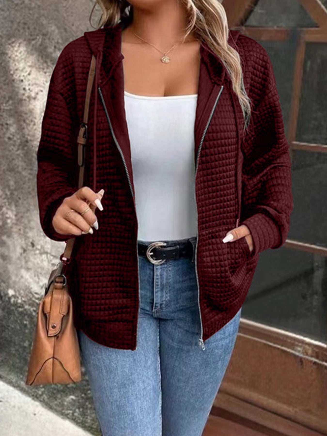 Women's Hooded Jacket Gray Textured Fabric Lightweight Cozy - 1