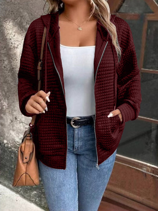 Women's Hooded Jacket Gray Textured Fabric Lightweight Cozy - 1