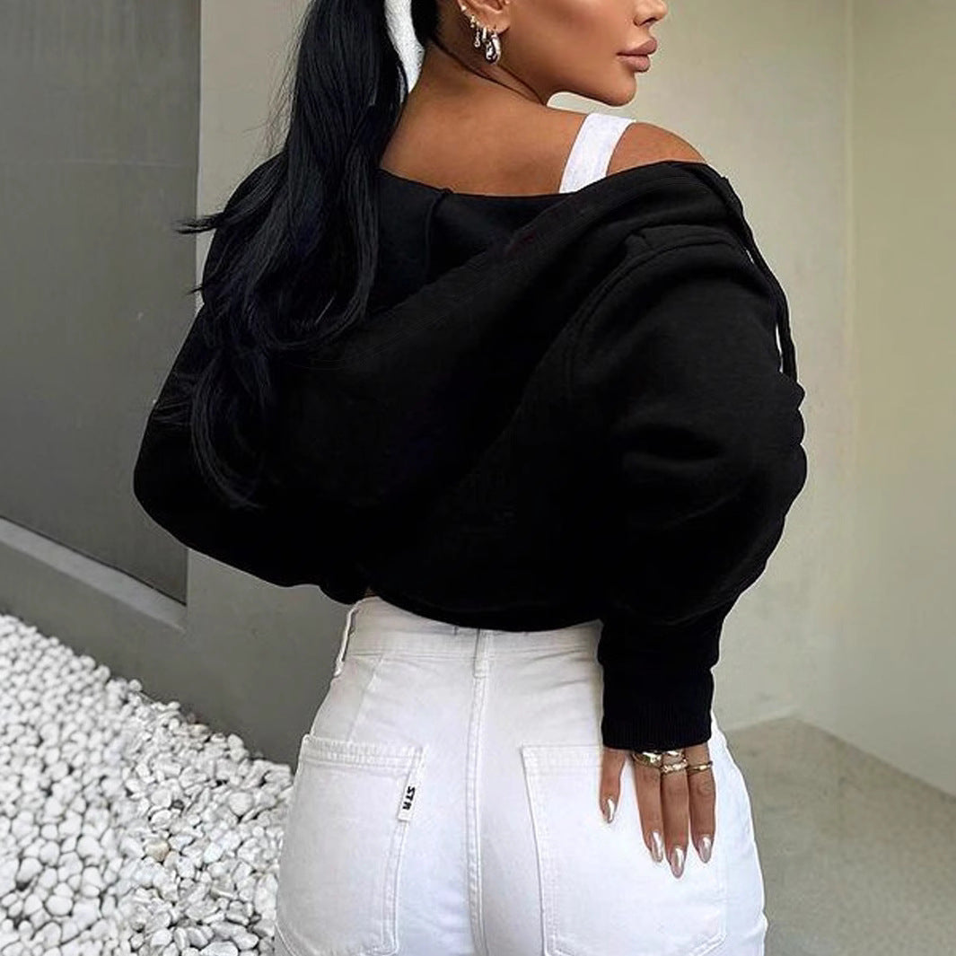 Women's Cropped Hoodie Black Cotton Blend Relaxed Fit - 3