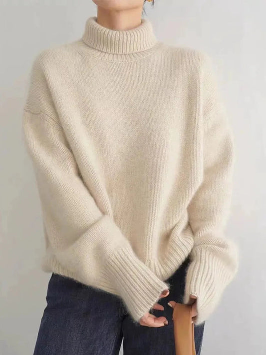 High Neck Women's Sweater in Beige - Soft Acrylic Blend, Relaxed Fit, Long Sleeves 1