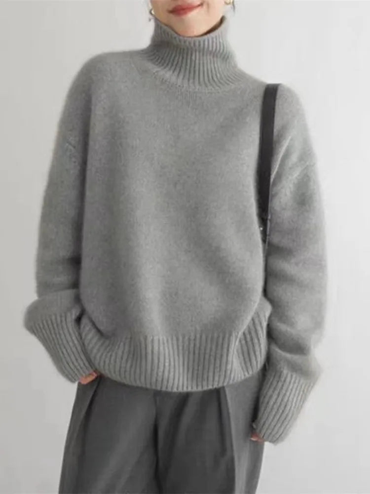 High Neck Women's Sweater in Beige - Soft Acrylic Blend, Relaxed Fit, Long Sleeves 3