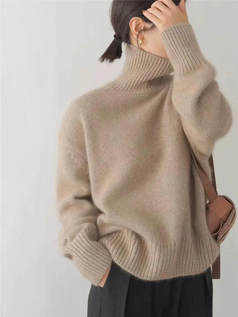 High Neck Women's Sweater in Beige - Soft Acrylic Blend, Relaxed Fit, Long Sleeves 4