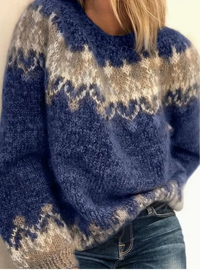 Women's Knit Sweater, Casual Round Neck, Relaxed Fit for Fall/Winter – Blue 1