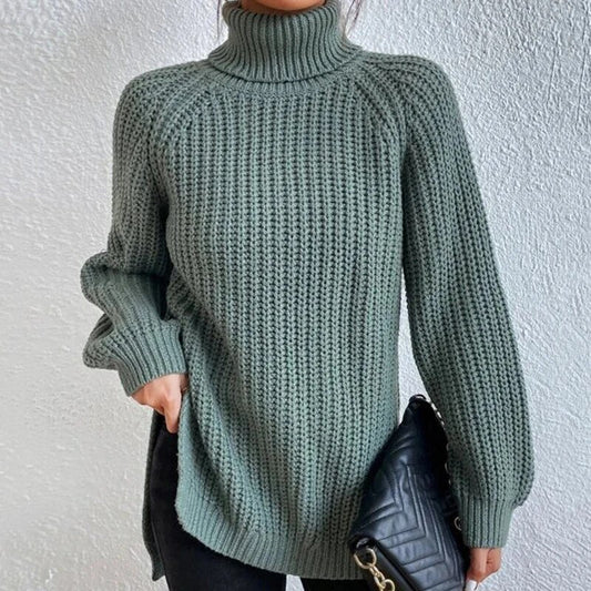 Women's Oversized Ribbed Knit Sweater with Turtle Neck and Split Hem – Cozy Fall Style 1