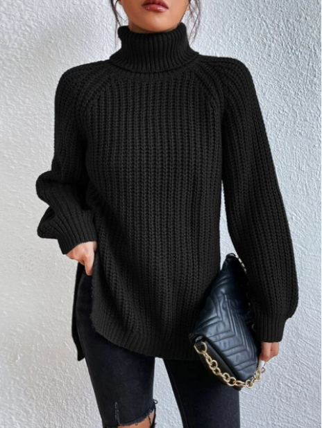 Women's Oversized Ribbed Knit Sweater with Turtle Neck and Split Hem – Cozy Fall Style 3