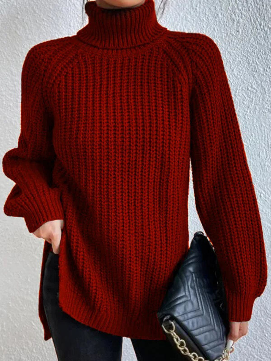 Women's Oversized Ribbed Knit Sweater with Turtle Neck and Split Hem – Cozy Fall Style 4