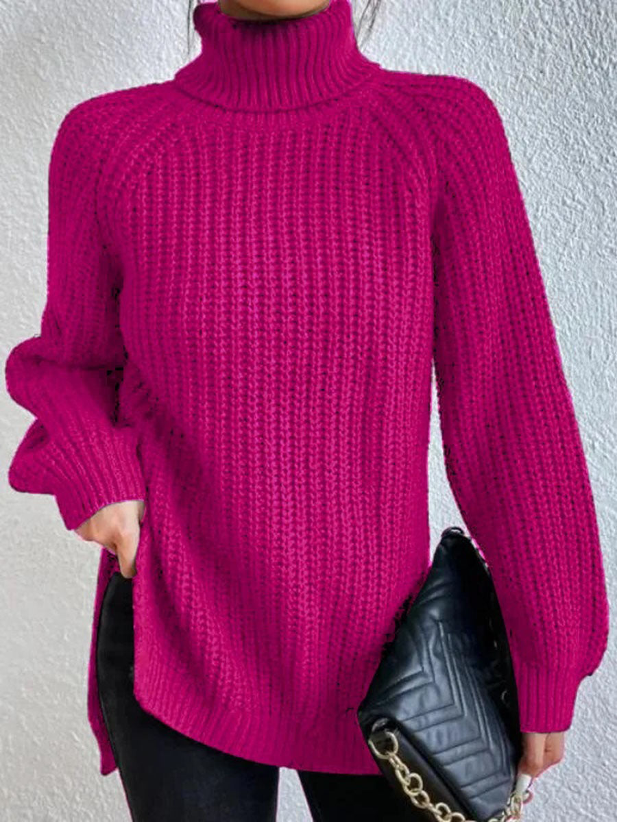 Women's Oversized Ribbed Knit Sweater with Turtle Neck and Split Hem – Cozy Fall Style 5