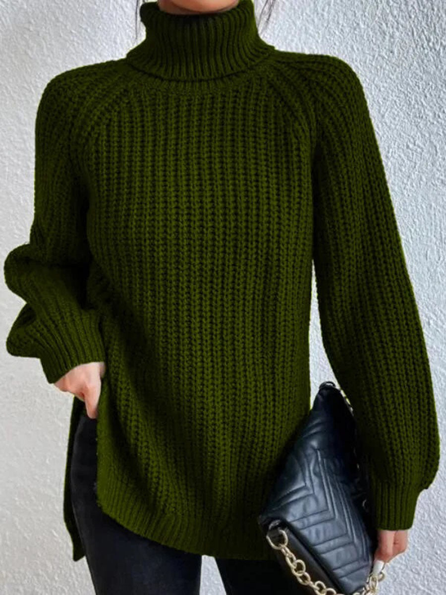 Women's Oversized Ribbed Knit Sweater with Turtle Neck and Split Hem – Cozy Fall Style 6