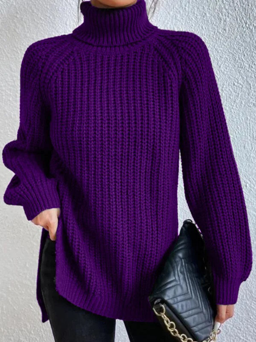 Women's Oversized Ribbed Knit Sweater with Turtle Neck and Split Hem – Cozy Fall Style 7