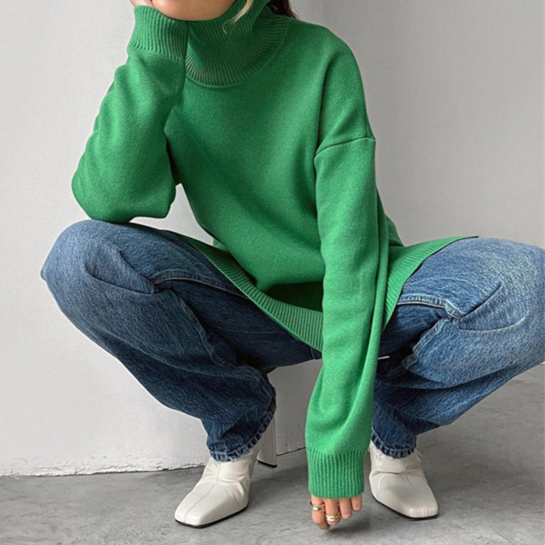 Chic Women's High-Neck Sweater with Long Sleeves - Cozy Acrylic-Cotton Blend 3