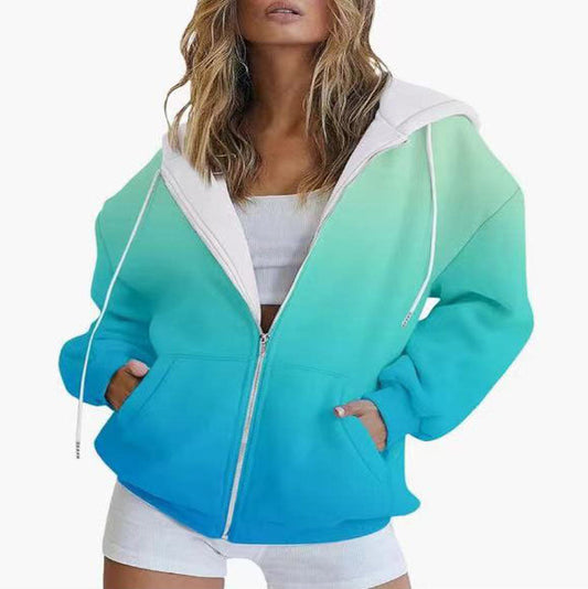 Women's Hooded Jacket Gradient Color Cotton Blend - 1