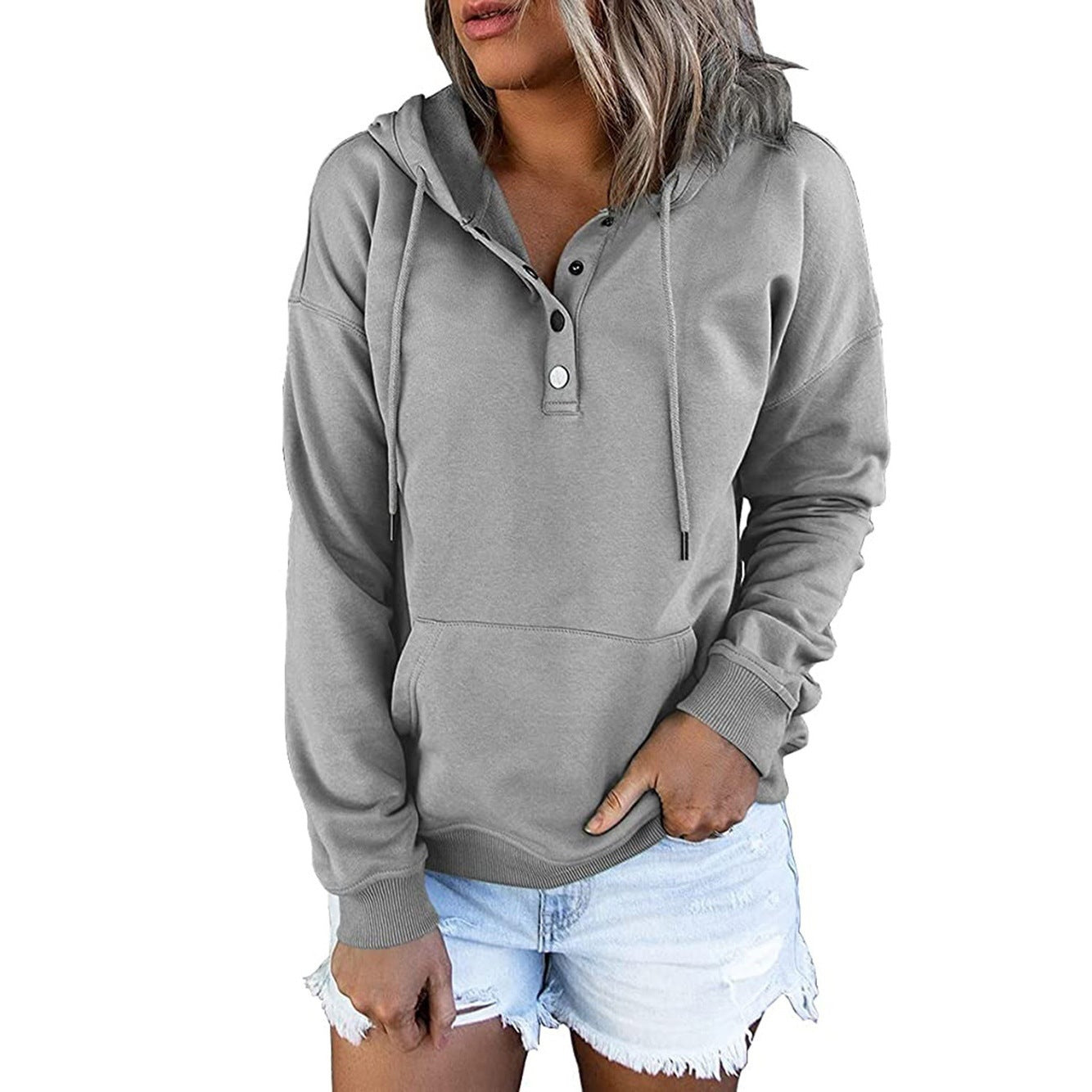 Women's Hoodie Grey Cotton Blend Relaxed Fit - 8