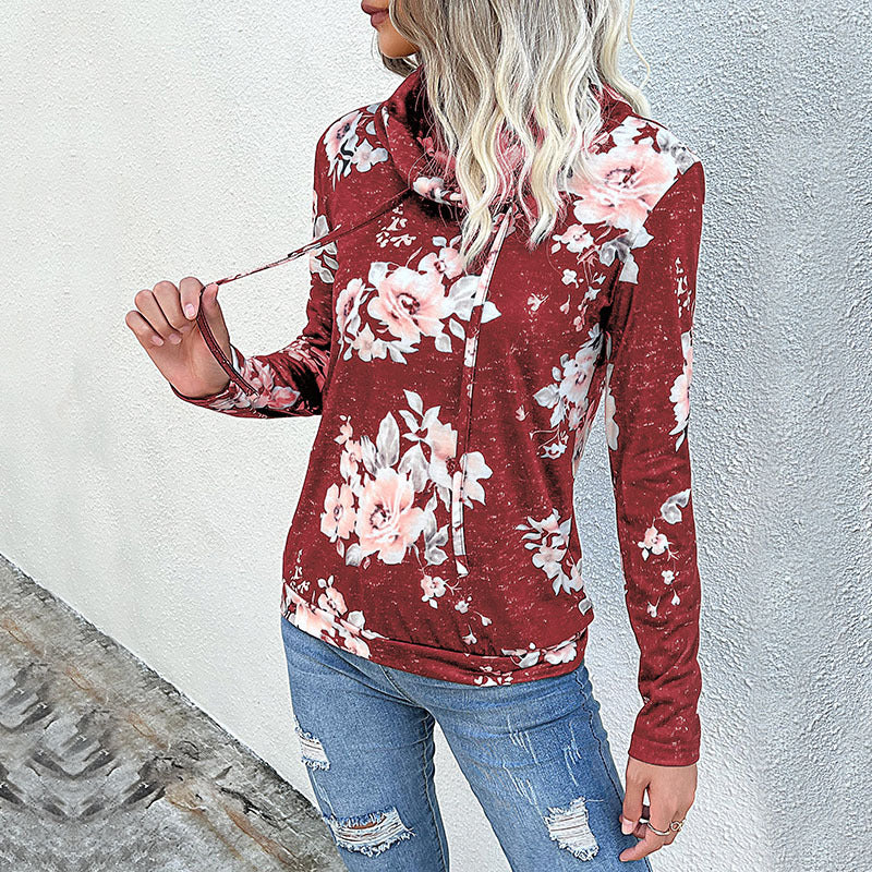 Women's Hooded Sweatshirt Floral Pattern Roll Neck Soft Fabric - 18