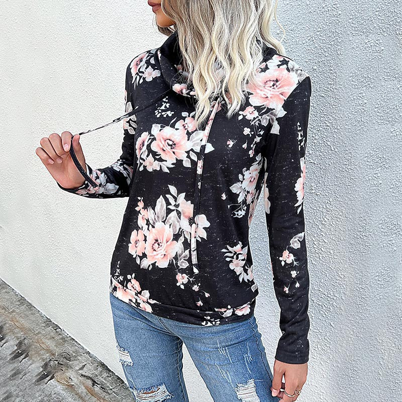 Women's Hooded Sweatshirt Floral Pattern Roll Neck Soft Fabric - 19