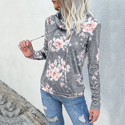 Women's Hooded Sweatshirt Floral Pattern Roll Neck Soft Fabric - 20