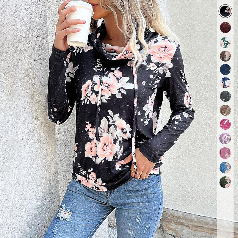 Women's Hooded Sweatshirt Floral Pattern Roll Neck Soft Fabric - 2