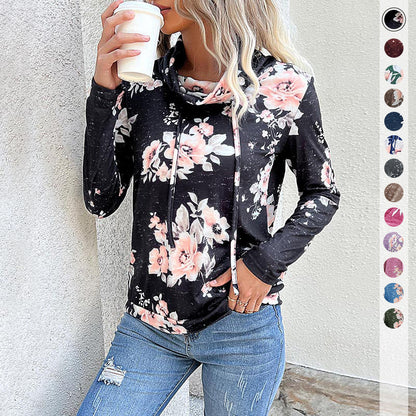 Women's Hooded Sweatshirt Floral Pattern Roll Neck Soft Fabric - 2