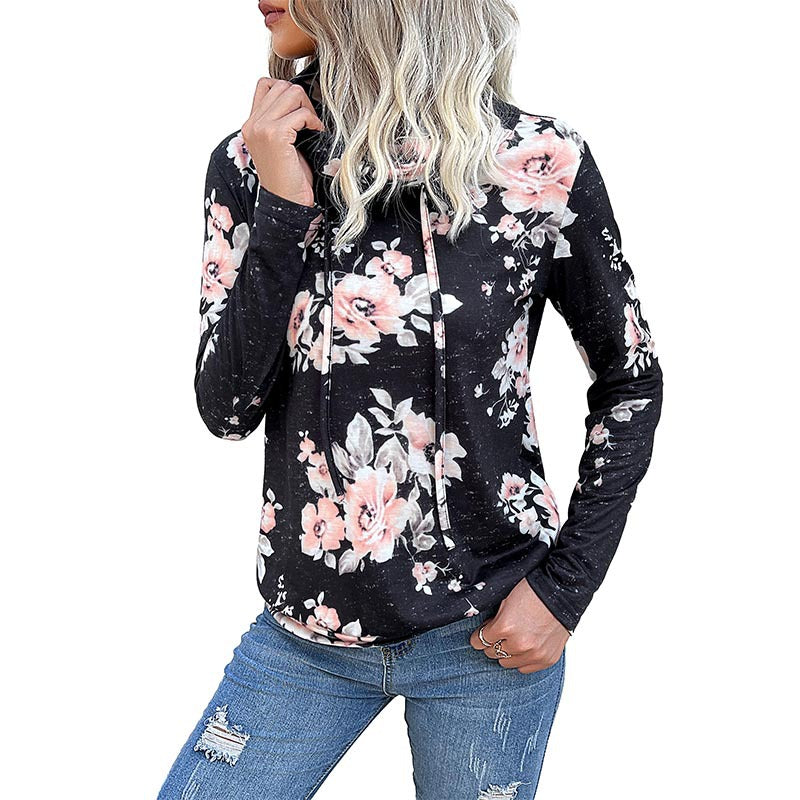 Women's Hooded Sweatshirt Floral Pattern Roll Neck Soft Fabric - 6