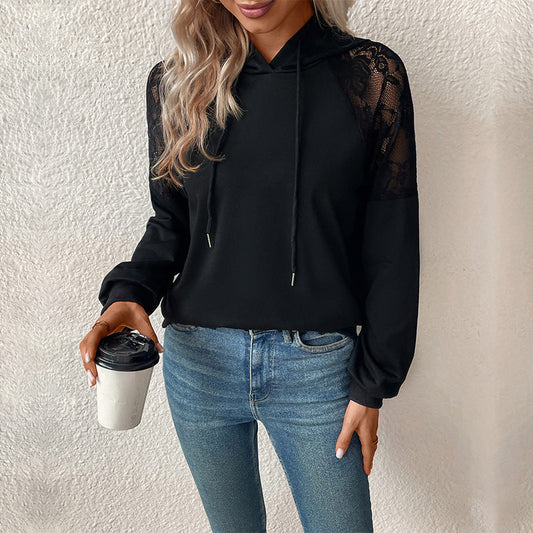 Women's Hooded Sweatshirt Black Cotton Lace Sleeves - 1