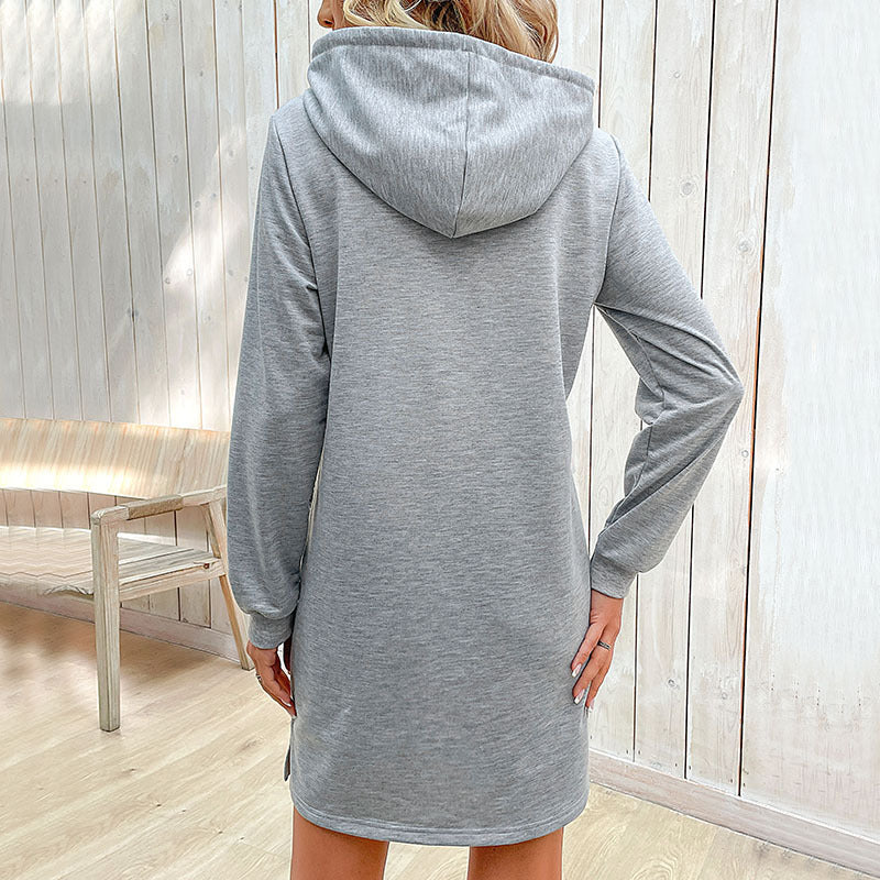 Women's Hoodie Dress Gray Cotton Casual with Pockets - 5