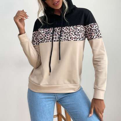 Women's Hoodie Black Leopard Print Cotton Blend - 3
