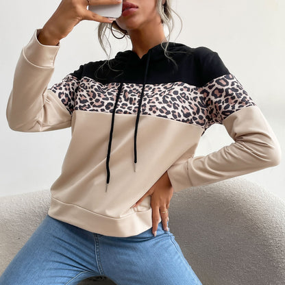 Women's Hoodie Black Leopard Print Cotton Blend - 4