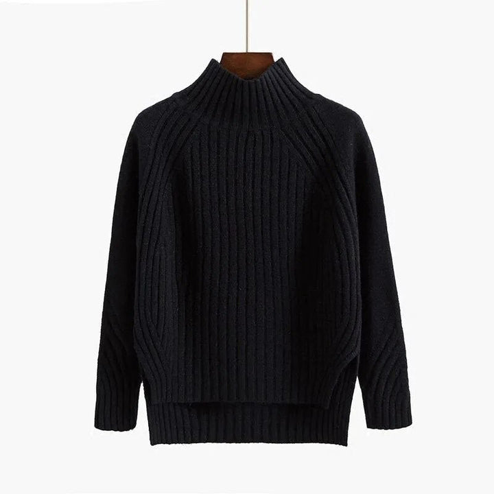 Black Oversized Sweater for Women, Knitted Pullover with Half Turtleneck 3